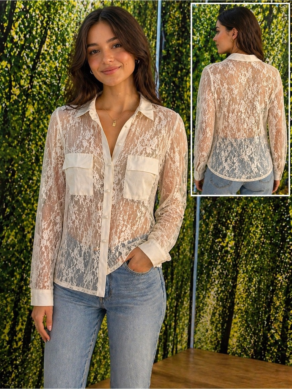 Windsor Cream Lace Sheer Button-Down Shirt